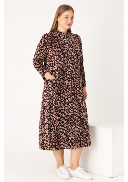 Bordo Çiçek Desenli Boydan Fermuarlı Cepli Pamuklu Kadife Hakim Maxi Boy Yaka Büyük Beden Elbise fırsatları