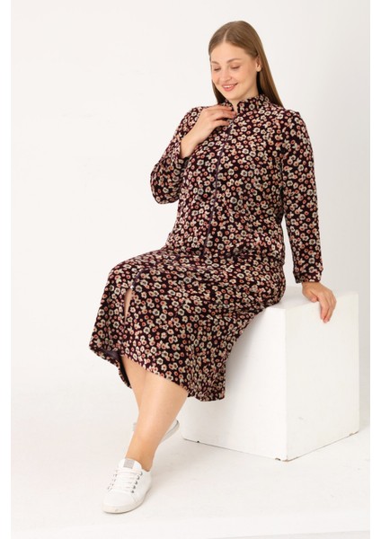 Bordo Çiçek Desenli Boydan Fermuarlı Cepli Pamuklu Kadife Hakim Maxi Boy Yaka Büyük Beden Elbise indirimleri