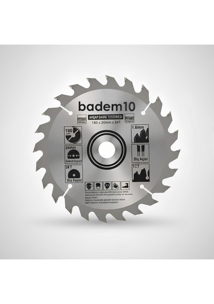 Metalik Gri Dayanıklı Tct 180MM 20MM 24T Sunta Ahşap Medefe Daire Testere Bıçağı
