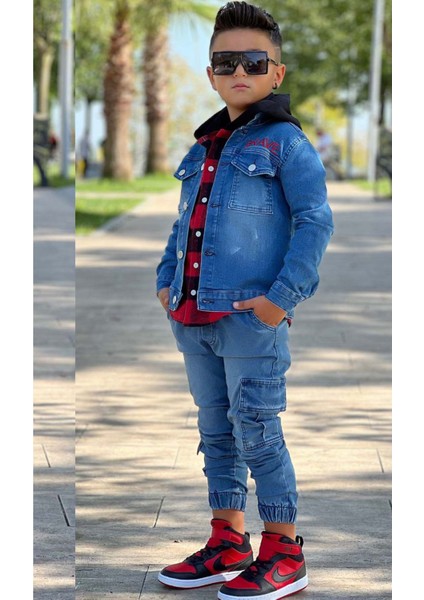 Erkek Çocuk Ekose Kapşonlu Kırmızı Oduncu Gömlek Sırtı Tiger Desen Ceket Kot Alt Üst Takım