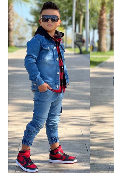 Erkek Çocuk Ekose Kapşonlu Kırmızı Oduncu Gömlek Sırtı Tiger Desen Ceket Kot Alt Üst Takım fiyatları