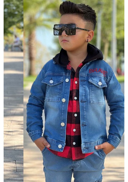 Erkek Çocuk Ekose Kapşonlu Kırmızı Oduncu Gömlek Sırtı Tiger Desen Ceket Kot Alt Üst Takım fırsatları