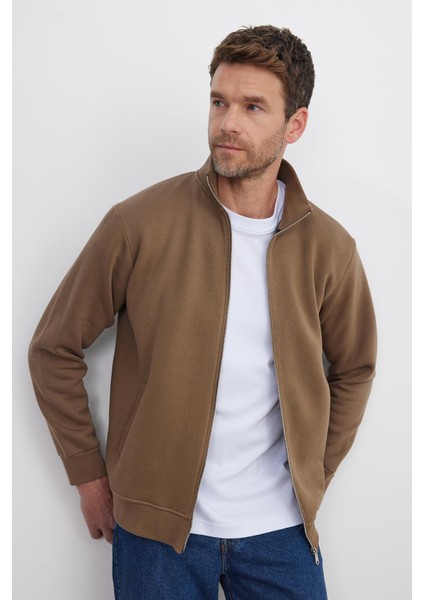 Unisex Relax Fit Rahat Kesim Pamuklu Içi Polarlı Fermuarlı Kahverengi Dik Yaka Flato Cep Sweatshirt Hırka