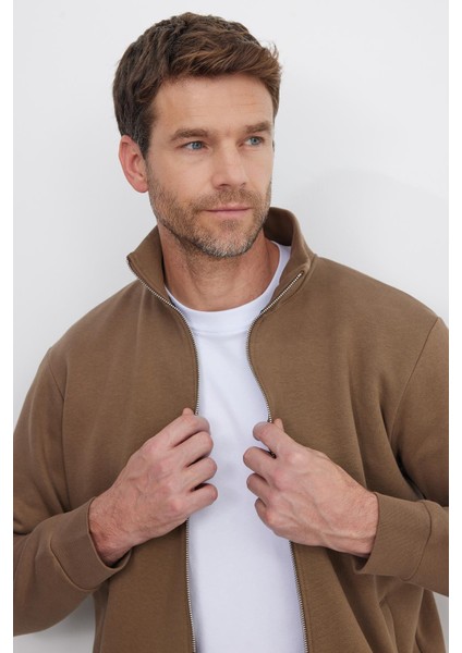 Unisex Relax Fit Rahat Kesim Pamuklu Içi Polarlı Fermuarlı Kahverengi Dik Yaka Flato Cep Sweatshirt Hırka fiyatları