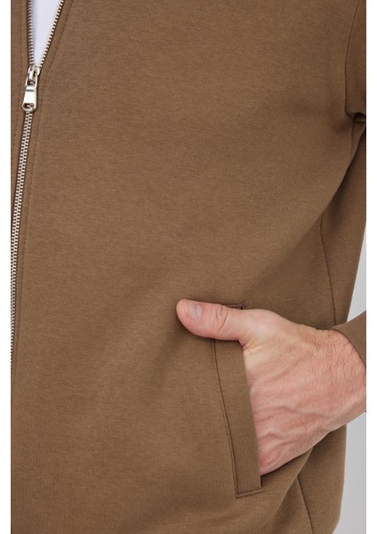 Unisex Relax Fit Rahat Kesim Pamuklu Içi Polarlı Fermuarlı Kahverengi Dik Yaka Flato Cep Sweatshirt Hırka modelleri