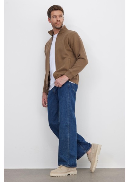 Unisex Relax Fit Rahat Kesim Pamuklu Içi Polarlı Fermuarlı Kahverengi Dik Yaka Flato Cep Sweatshirt Hırka fırsatları