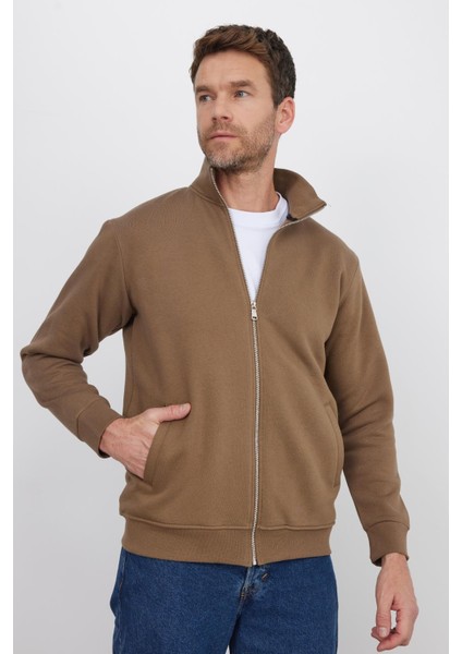 Unisex Relax Fit Rahat Kesim Pamuklu Içi Polarlı Fermuarlı Kahverengi Dik Yaka Flato Cep Sweatshirt Hırka indirimleri