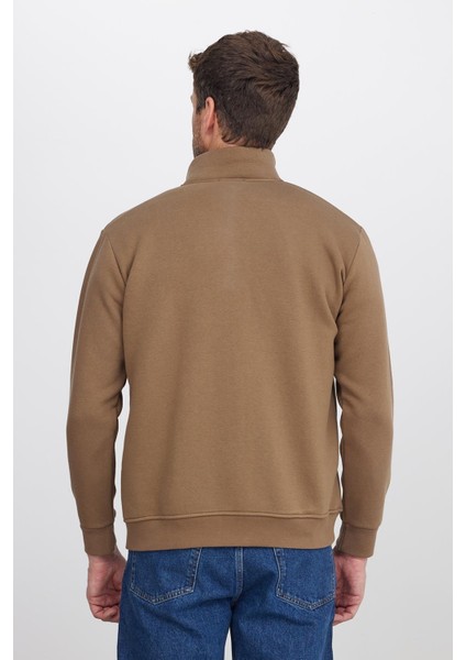 Unisex Relax Fit Rahat Kesim Pamuklu Içi Polarlı Fermuarlı Kahverengi Dik Yaka Flato Cep Sweatshirt Hırka