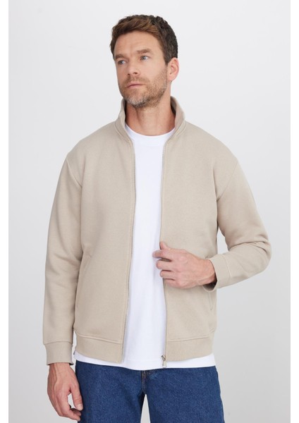Unisex Relax Fit Rahat Kesim Pamuklu Içi Polarlı Fermuarlı Taş Dik Yaka Flato Cepli Sweatshirt Hırka