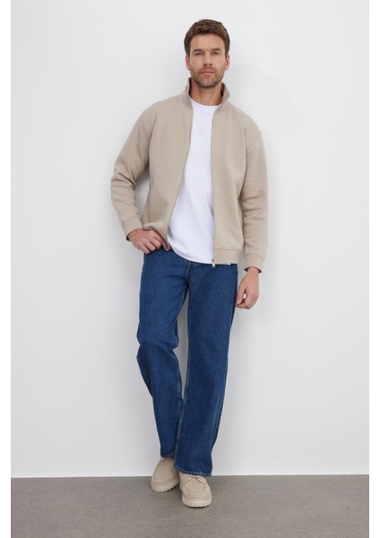 Unisex Relax Fit Rahat Kesim Pamuklu Içi Polarlı Fermuarlı Taş Dik Yaka Flato Cepli Sweatshirt Hırka fırsatları