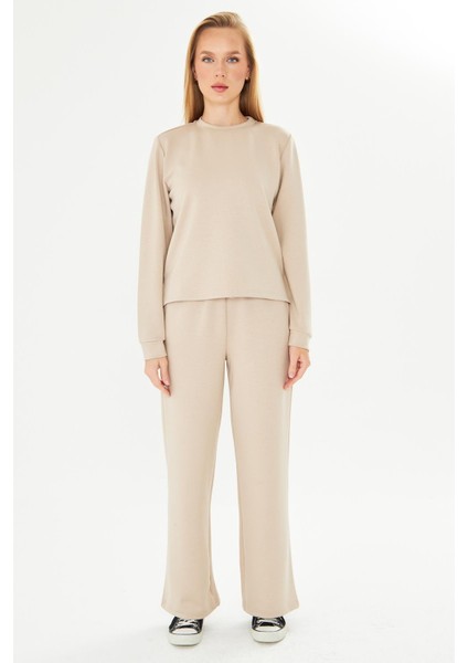 Kadın Modal Kumaş Rahat Kalıp Eşofman Takımı Bej 8509-B