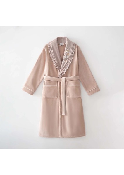 Zaira Kadın Bornoz %100 Organik Pamuk El Nakışlı Pudra