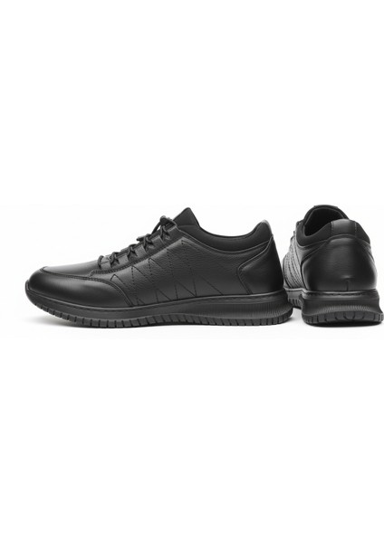 GR0409 Hakiki Deri Akıllı Bağcık Bilekten Streçli Ortopedik Siyah Dikiş Detaylı Ayakkabı