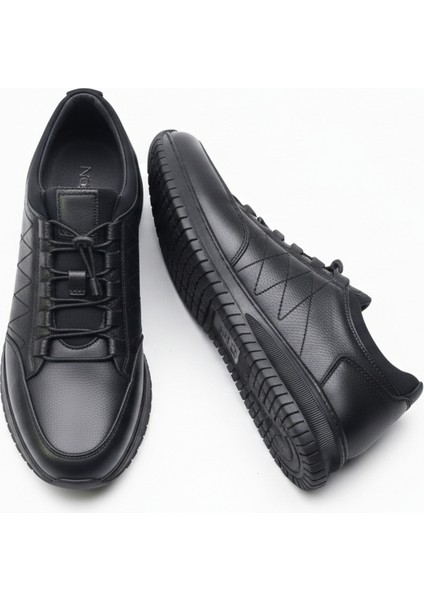 GR0409 Hakiki Deri Akıllı Bağcık Bilekten Streçli Ortopedik Siyah Dikiş Detaylı Ayakkabı