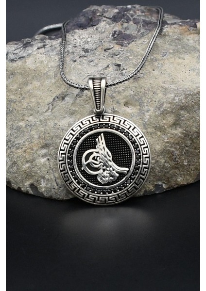 Osmanlı Tuğralı Grek Desenli 925 Ayar Gümüş Kolye Zincir 902383