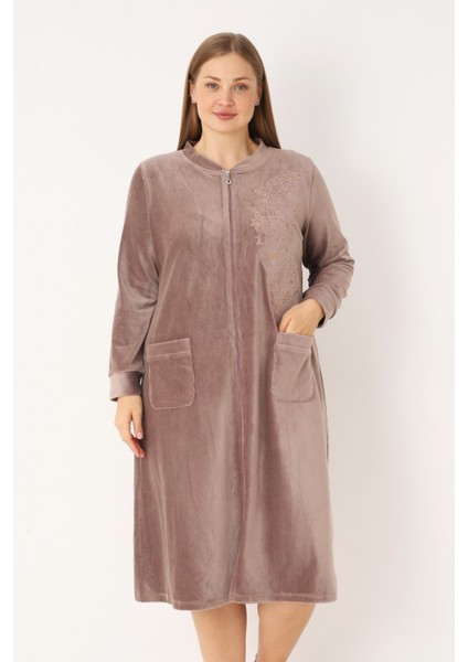 Lacivert Nakış ve Taş Detaylı Pamuklu Kadife Fermuarlı Uzun Kollu Kadın Büyük Beden Elbise