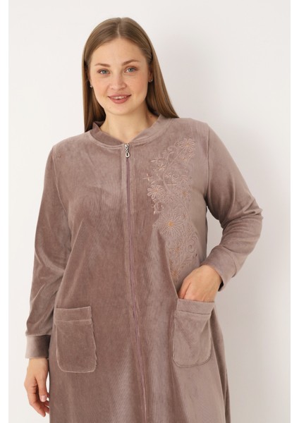 Lacivert Nakış ve Taş Detaylı Pamuklu Kadife Fermuarlı Uzun Kollu Kadın Büyük Beden Elbise modelleri