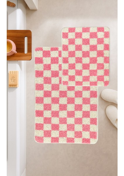 Chess Dama Desen 2'li Kemik-Pembe Yıkanabilir Lateks Kaymaz Taban Küçük Banyolar Için Banyo Paspası Kaymaz Taban 80X50 50X40 cm