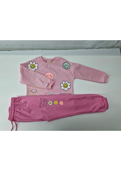 Kız Çocuk Pembe Emojili Çiçek Desenli 2'li Takım 6-7 Yaş