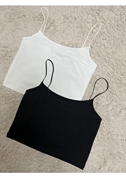 Kadın Pamuklu Crop Top Askılı Büstiyer 2 Adet Beyaz ve Siyah Renk Seçenekleriyle