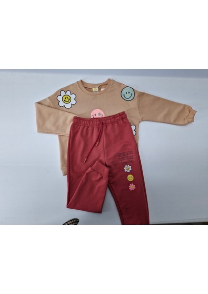 Kız Çocuk Fuşya Somon Emojili Çiçek Desenli 2'li Takım 4-5 Yaş fiyatları