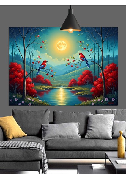 Kuşlar Ağaçlar Bahar Uyanış Dekoratif Kanvas - Mdf Ahşap Tablo