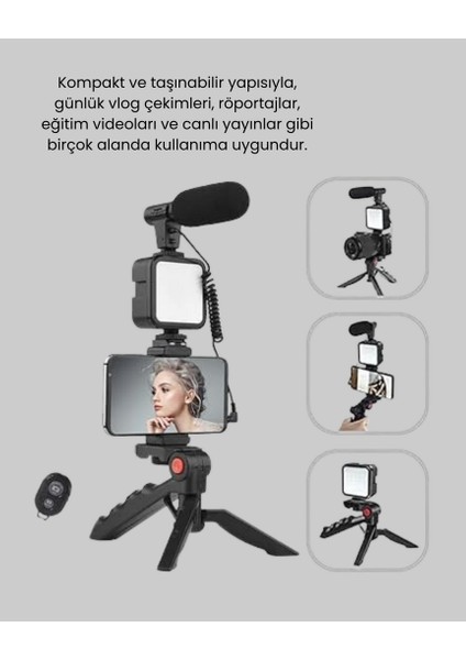 Techmrt Telefon Video Çekim Kiti LED Aydınlatma Mikrofon Tripodlu Tam Set indirimleri