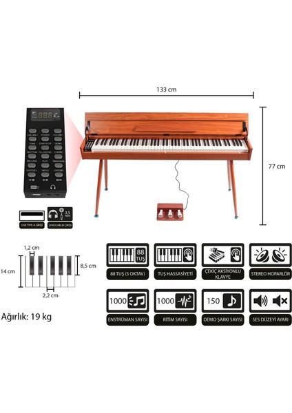 Jwin Sapphire SDP-115 Çekiç Aksiyonlu 88 Tuşlu Dijital Piyano - Kahve modelleri
