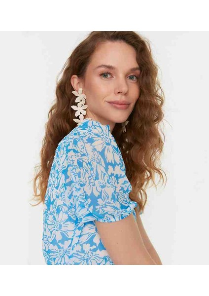 Mavi Kuşaklı Çiçekli Şifon Elbise fiyatları