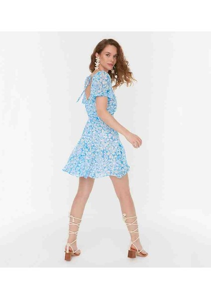 Mavi Kuşaklı Çiçekli Şifon Elbise indirimleri