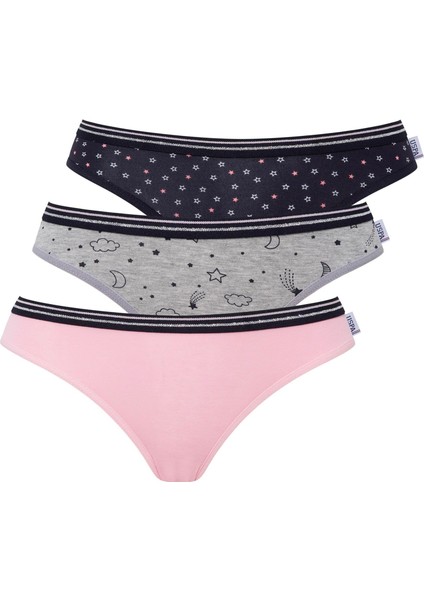 Kadın, Lisanslı, 3'lü Slip Külot, Pembe-Gri Melanj - Lacivert