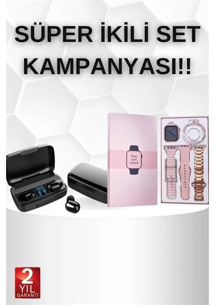 Wireless Şarjlı Pembe Akıllı Saat ve Kablosuz Bluetooth Kulaklık Dokunmatik Kontrol fiyatları