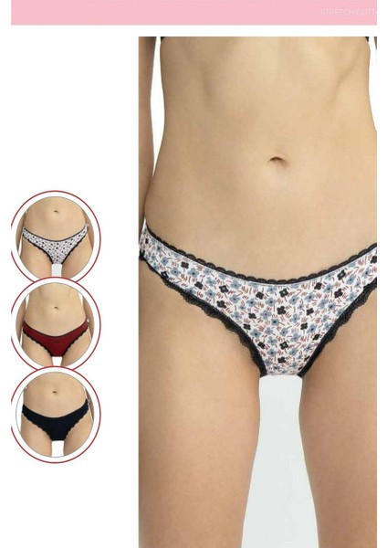 Kadın, Lisanslı, 3'lü Slip Külot, Bordo - Lacivert - Baskılı