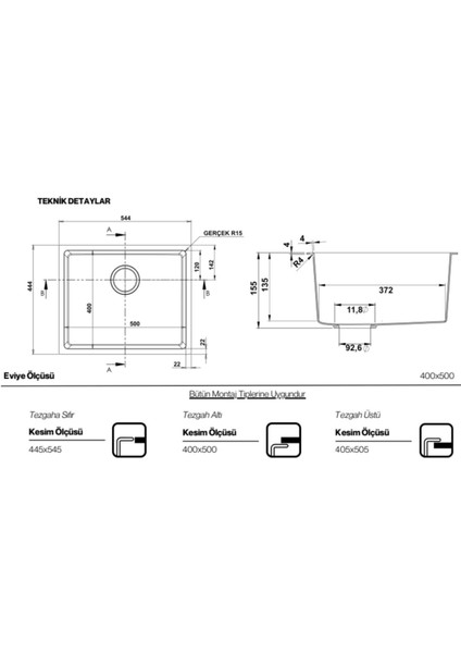Steep 50X40 Antrasit Granit Mutfak Eviyesi modelleri