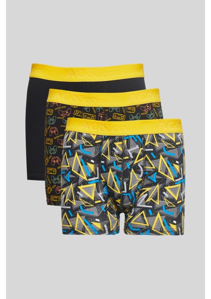 Erkek Siyah-sarı 3'lü Pamuklu Esnek Boxer Paketi