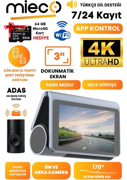 X8 Wifi /4K UHD/ 170° Ultra Geniş Açı/ ADAS/ Ön + Arka Araç Kamerası + Hafıza Kartı Hediyeli