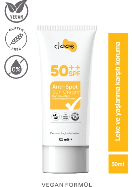 Vegan Glutensiz Anti Spot 50 SPF Güneş Kremi 50 ml Clooe