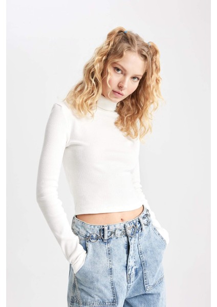 Coool Fitted Balıkçı Yaka Fitilli Kaşkorse Basic Düz Uzun Kollu Tişört