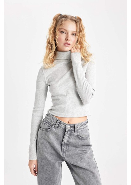 Coool Fitted Balıkçı Yaka Fitilli Kaşkorse Basic Düz Uzun Kollu Tişört