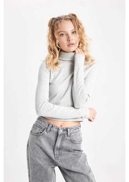 Coool Fitted Balıkçı Yaka Fitilli Kaşkorse Basic Düz Uzun Kollu Tişört