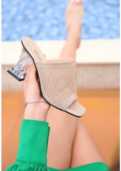 Techmrt Akva Krem Triko Şeffaf Topuklu Terlik (Numara: 39) modelleri