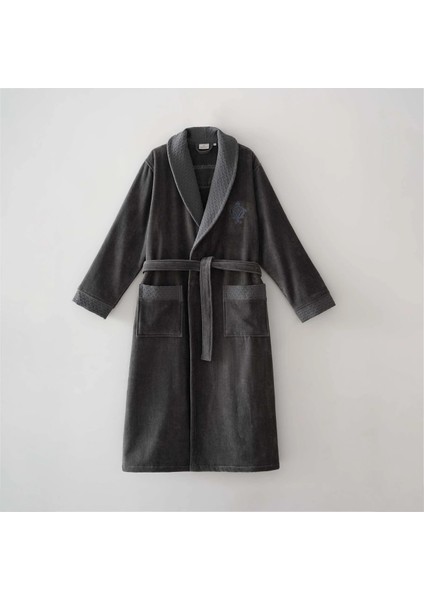 Zaira Erkek Bornoz %100 Organik Pamuk Nakışlı Antrasit