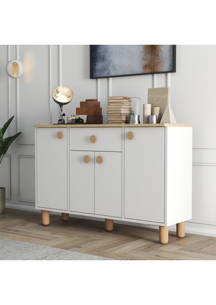 4 Kapaklı Çekmeceli Kahve Köşesi Dolabı - Mutfak Dolabı - Konsol - Dresuar (Safir Meşe - Beyaz)