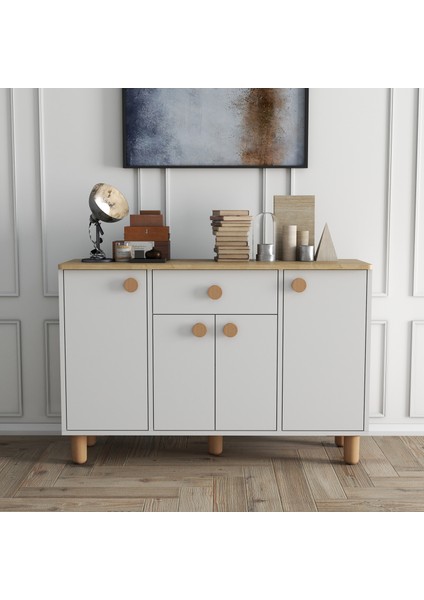 4 Kapaklı Çekmeceli Kahve Köşesi Dolabı - Mutfak Dolabı - Konsol - Dresuar (Safir Meşe - Beyaz) fiyatları