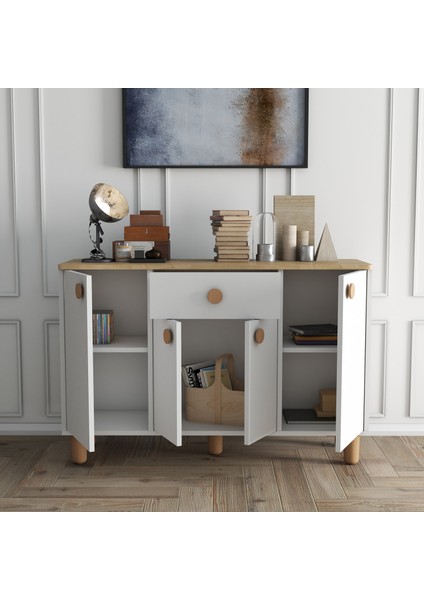 4 Kapaklı Çekmeceli Kahve Köşesi Dolabı - Mutfak Dolabı - Konsol - Dresuar (Safir Meşe - Beyaz) modelleri