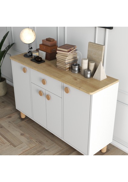 4 Kapaklı Çekmeceli Kahve Köşesi Dolabı - Mutfak Dolabı - Konsol - Dresuar (Safir Meşe - Beyaz) fırsatları