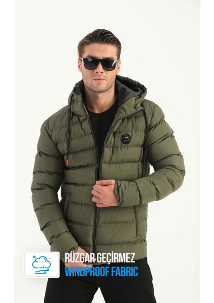 İçi Astarlı Su ve Rüzgar Geçirmez Cepli Kapüşonlu Erkek Mont