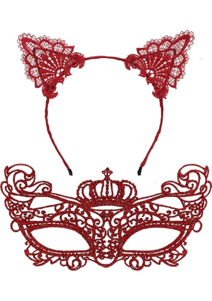 Bfs Lüks Kırmızı Dantel Taçlı Maske Seti 2 No - Parti, Balo, Kostüm Aksesuarı