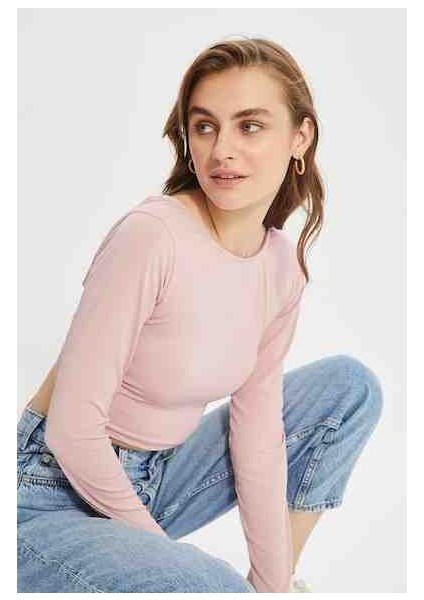 Gül Kurusu Cut Out Detaylı Crop Örme Bluz fiyatları