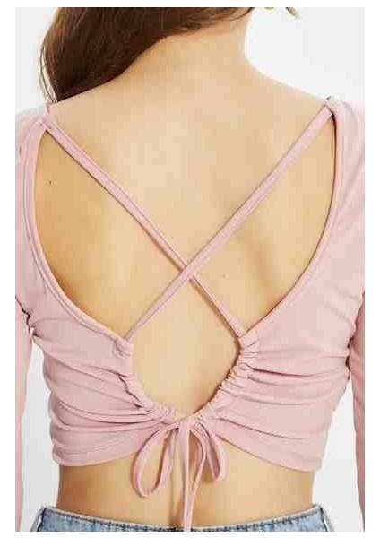 Gül Kurusu Cut Out Detaylı Crop Örme Bluz modelleri